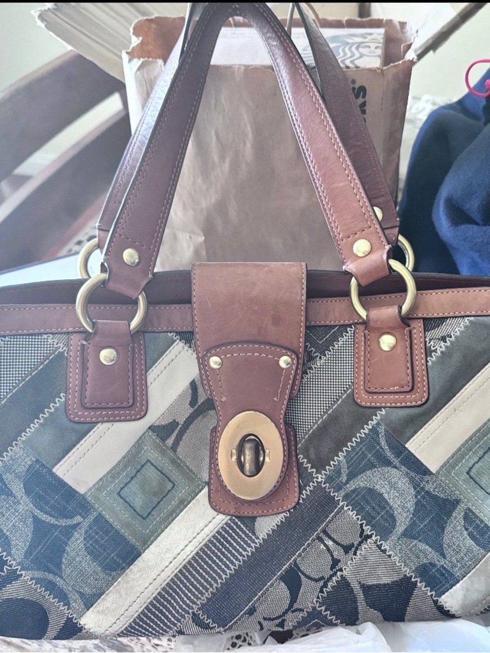 Coach Patchwork Shoulder Bag in Brown and Blue